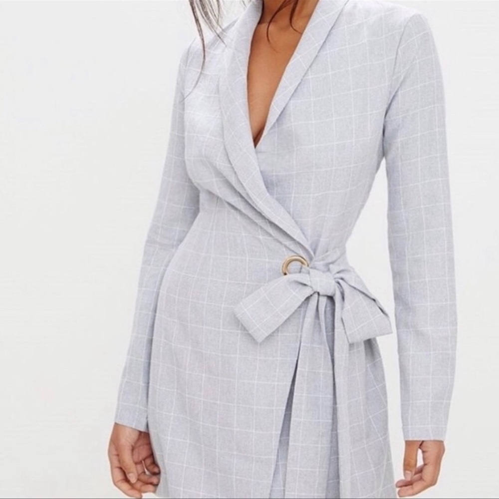 Gray and white striped blazer dress